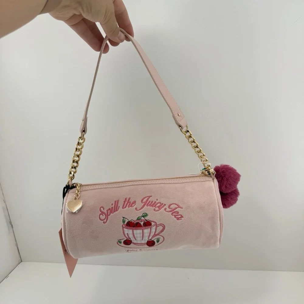 Juicy Couture Pink Embroidered Satchel Top Handle Zip Bag w/Charms, Strap